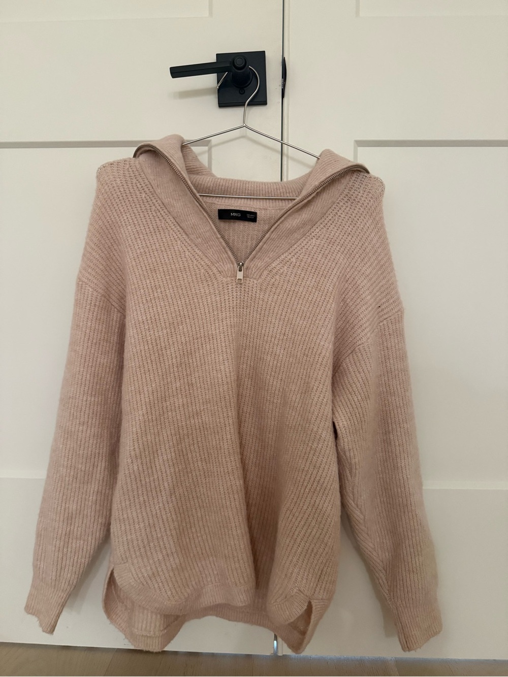 Mango Blush Pink Ribbed V-Neck Half-Zip Sweater